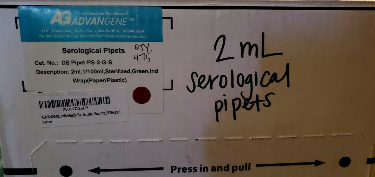 ADVANGENE 475 Individually Sealed Sterile Serological Pipettes 2mL vol. 1/100 mL